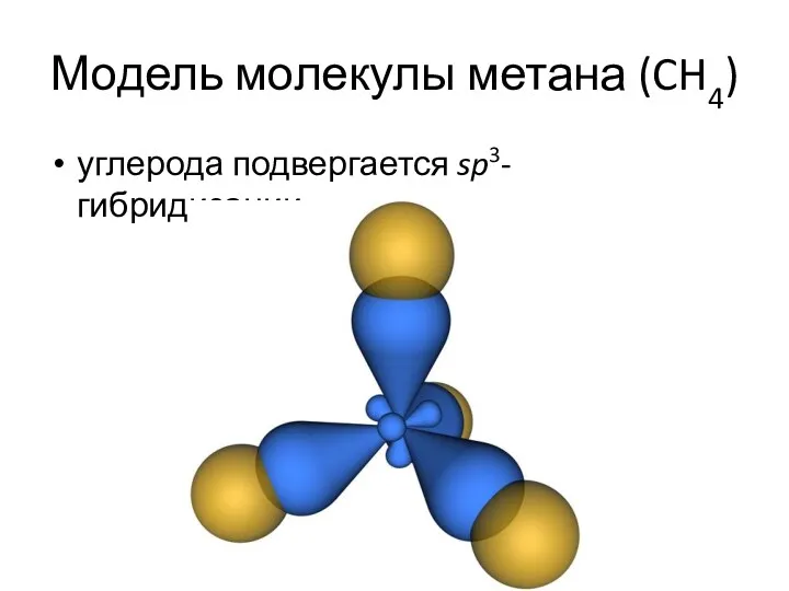 Модель молекулы метана (CH4) углерода подвергается sp3-гибридизации.