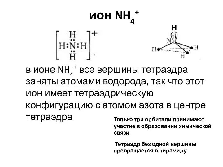 ион NH4+ Только три орбитали принимают участие в образовании химической