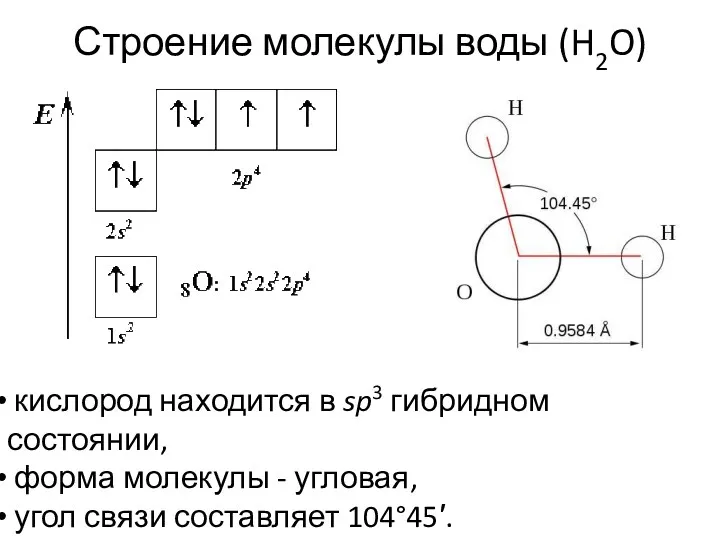 Строение молекулы воды (H2O) кислород находится в sp3 гибридном состоянии,