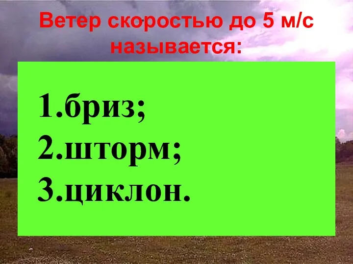 Ветер скоростью до 5 м/с называется: бриз; шторм; циклон.