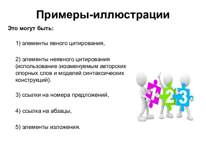 Примеры-иллюстрации Это могут быть: 1) элементы явного цитирования, 2) элементы