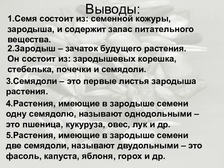 Выводы: 1.Семя состоит из: семенной кожуры, зародыша, и содержит запас