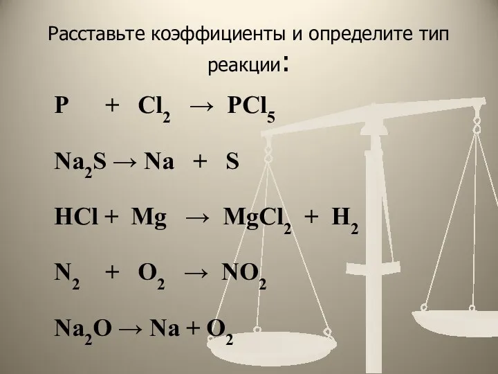 Расставьте коэффициенты и определите тип реакции: P + Cl2 →