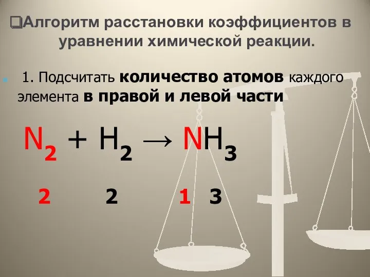 Алгоритм расстановки коэффициентов в уравнении химической реакции. 1. Подсчитать количество