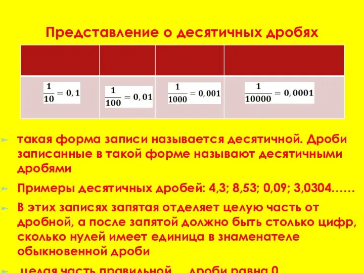 Представление о десятичных дробях такая форма записи называется десятичной. Дроби