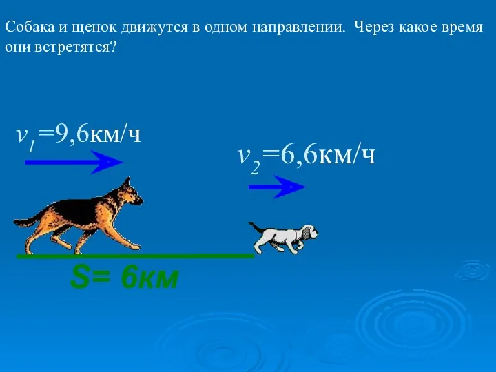 Собака и щенок движутся в одном направлении. Через какое время они встретятся? v1=9,6км/ч v2=6,6км/ч S= 6км