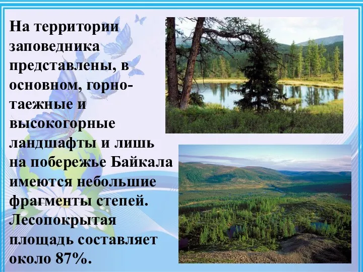 На территории заповедника представлены, в основном, горно-таежные и высокогорные ландшафты