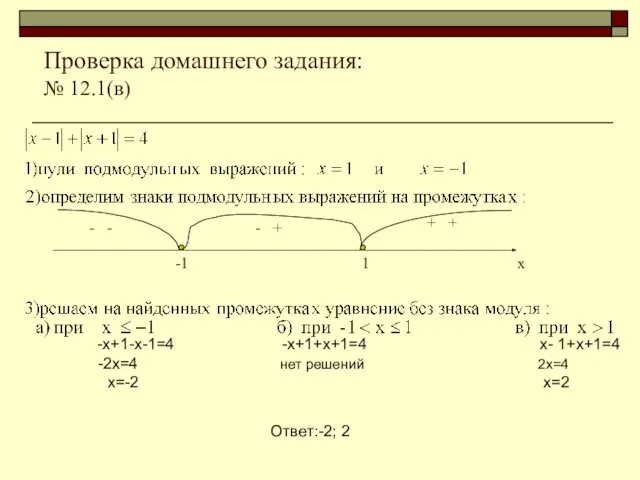 Проверка домашнего задания: № 12.1(в) -х+1-х-1=4 -х+1+х+1=4 х- 1+х+1=4 -2х=4