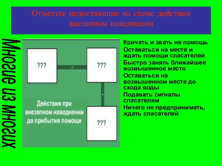 Отметьте недостающие на схеме действия внезапном наводнении Кричать и звать