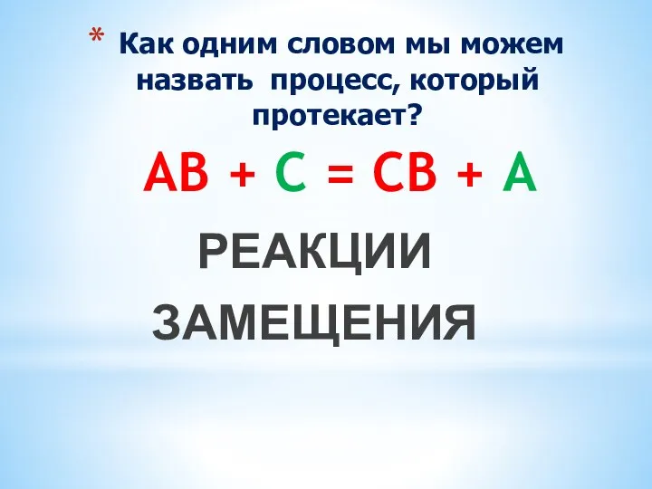 РЕАКЦИИ ЗАМЕЩЕНИЯ Как одним словом мы можем назвать процесс, который