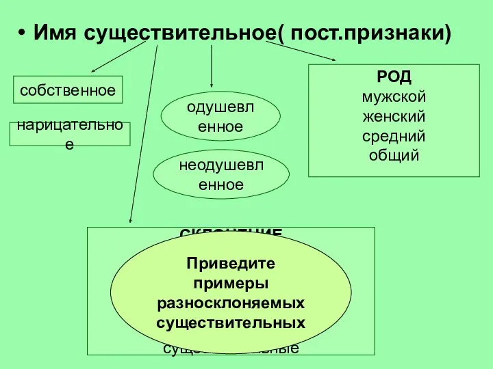 Имя существительное( пост.признаки) собственное нарицательное одушевленное неодушевленное РОД мужской женский