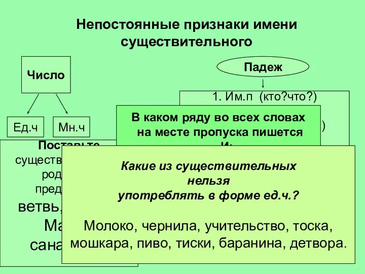 Непостоянные признаки имени существительного Число Мн.ч Ед.ч Падеж 1. Им.п