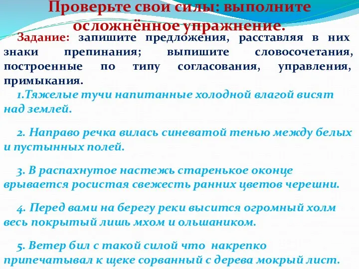 Задание: запишите предложения, расставляя в них знаки препинания; выпишите словосочетания,