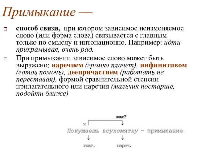 Примыкание — способ связи, при котором зависимое неизменяемое слово (или