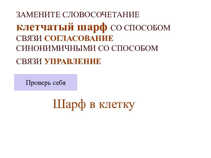 ЗАМЕНИТЕ СЛОВОСОЧЕТАНИЕ клетчатый шарф СО СПОСОБОМ СВЯЗИ СОГЛАСОВАНИЕ СИНОНИМИЧНЫМИ СО