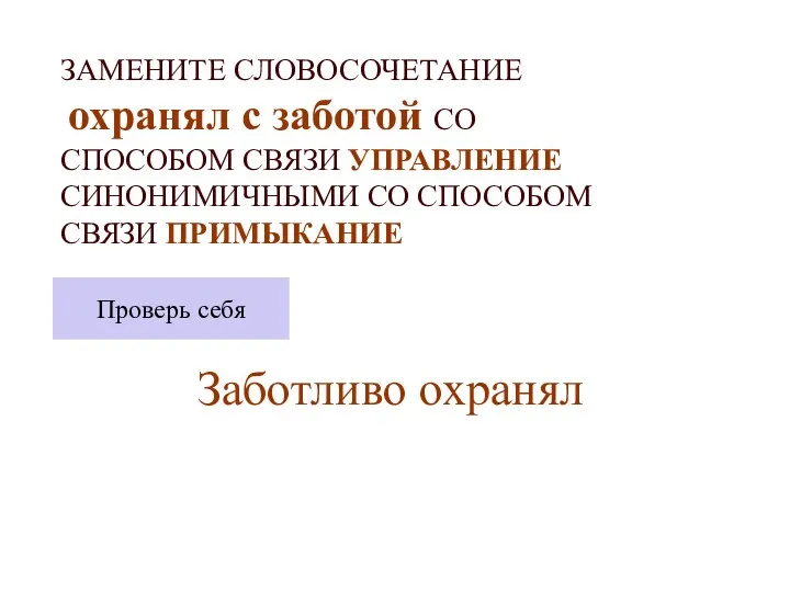 ЗАМЕНИТЕ СЛОВОСОЧЕТАНИЕ охранял с заботой СО СПОСОБОМ СВЯЗИ УПРАВЛЕНИЕ СИНОНИМИЧНЫМИ