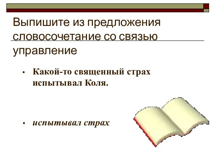 Выпишите из предложения словосочетание со связью управление Какой-то священный страх испытывал Коля. испытывал страх