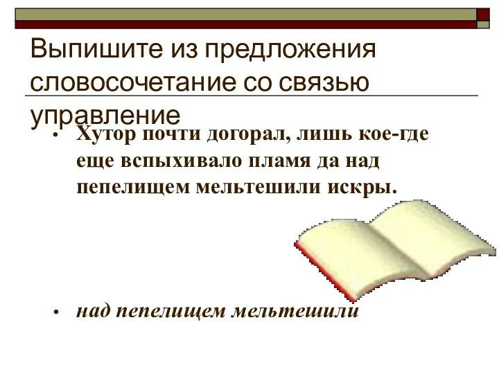 Выпишите из предложения словосочетание со связью управление Хутор почти догорал,