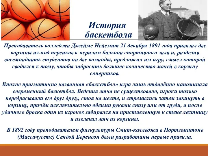 История баскетбола Преподаватель колледжа Джеймс Нейсмит 21 декабря 1891 года