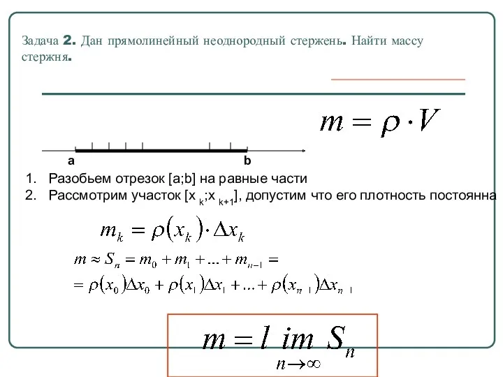 Задача 2. Дан прямолинейный неоднородный стержень. Найти массу стержня. a