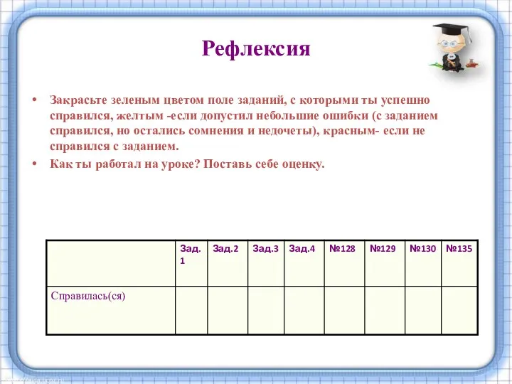 Рефлексия Закрасьте зеленым цветом поле заданий, с которыми ты успешно