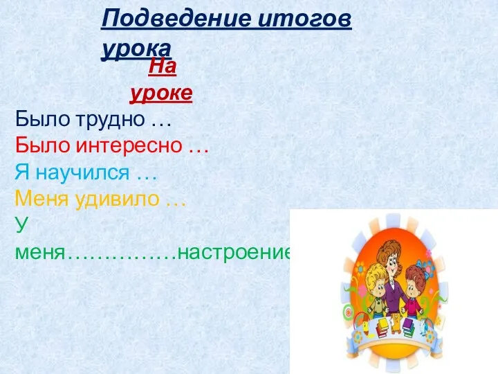 Подведение итогов урока На уроке Было трудно … Было интересно