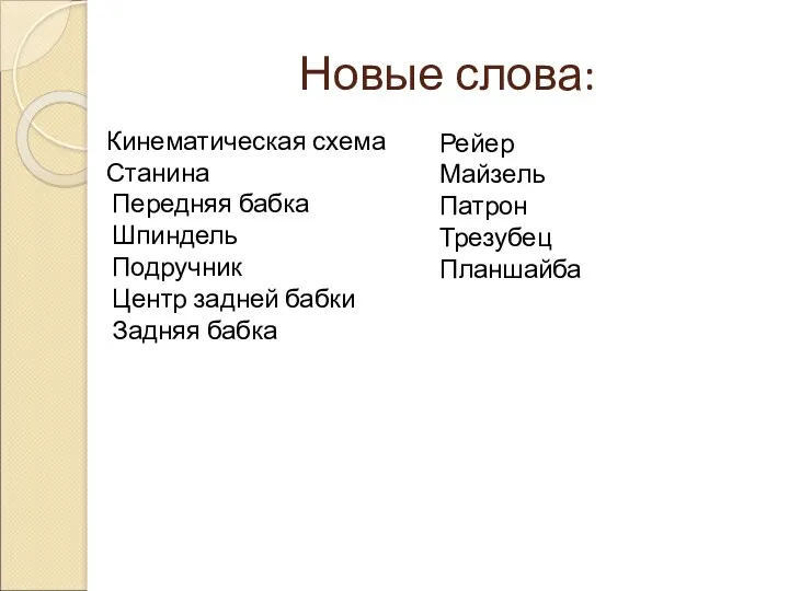 Новые слова: Кинематическая схема Станина Передняя бабка Шпиндель Подручник Центр