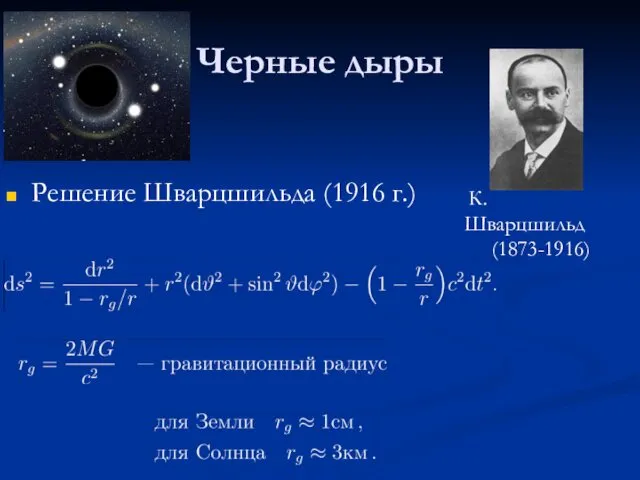 Черные дыры Решение Шварцшильда (1916 г.) К.Шварцшильд (1873-1916)