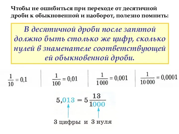 Чтобы не ошибиться при переходе от десятичной дроби к обыкновенной и наоборот, полезно помнить: