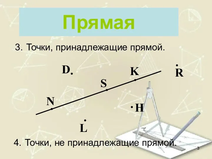 Прямая N K H L D S R Точки, принадлежащие прямой. Точки, не принадлежащие прямой.