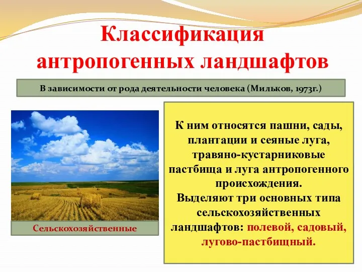 Классификация антропогенных ландшафтов В зависимости от рода деятельности человека (Мильков,