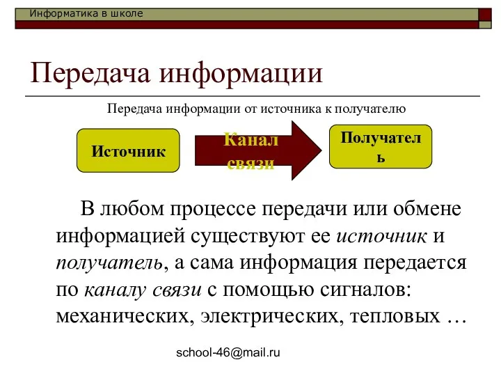 school-46@mail.ru Передача информации В любом процессе передачи или обмене информацией