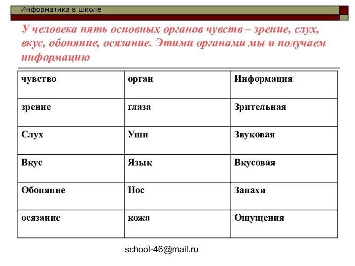 school-46@mail.ru У человека пять основных органов чувств – зрение, слух,