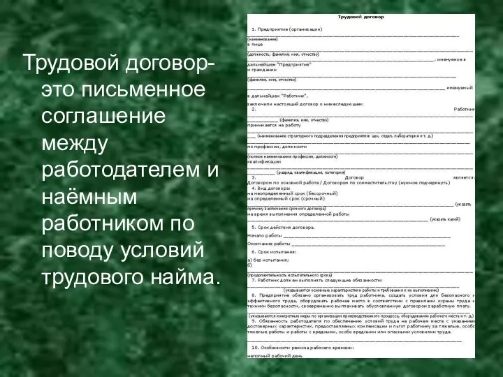 Трудовой договор- это письменное соглашение между работодателем и наёмным работником по поводу условий трудового найма.