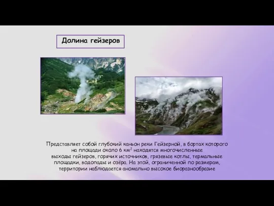 Долина гейзеров Представляет собой глубокий каньон реки Гейзерной, в бортах