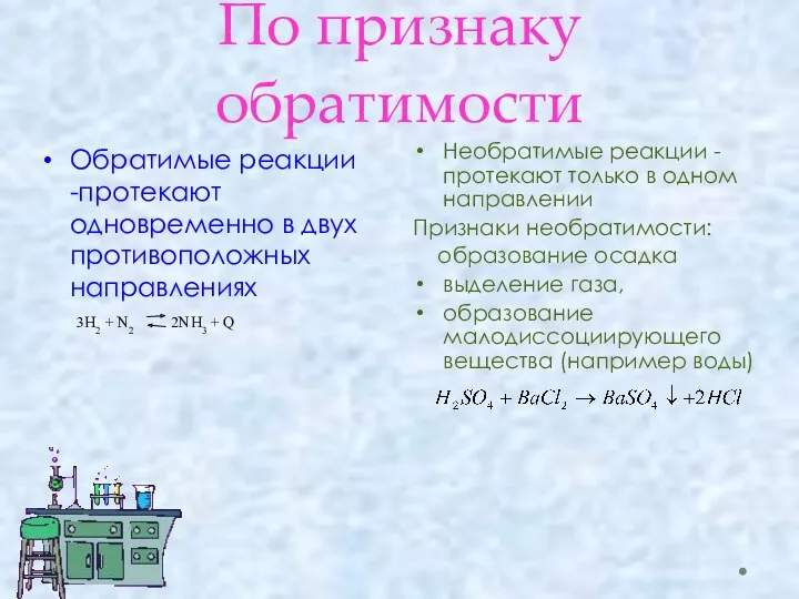 По признаку обратимости Необратимые реакции - протекают только в одном