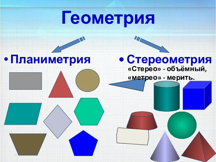 Геометрия Планиметрия Стереометрия «Стерео» - объёмный, «метрео» - мерить.
