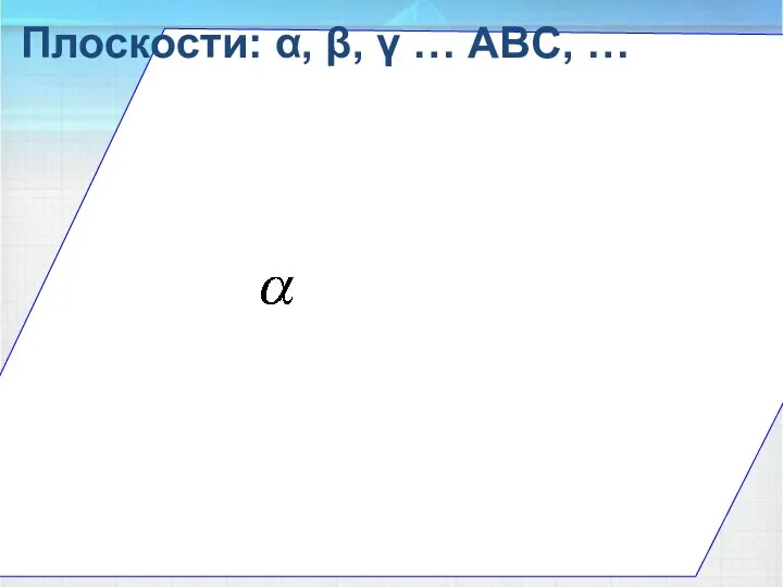 A B C Плоскости: α, β, γ … ABC, …