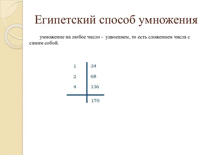 Египетский способ умножения умножение на любое число - удвоением, то есть сложением числа с самим собой.