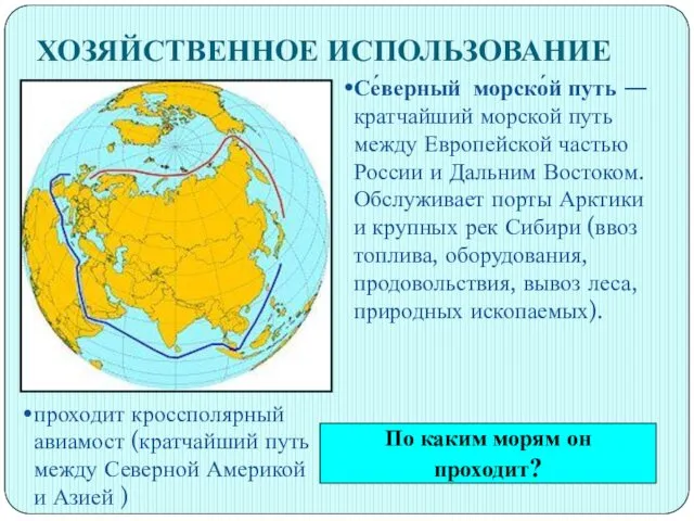 ХОЗЯЙСТВЕННОЕ ИСПОЛЬЗОВАНИЕ Се́верный морско́й путь — кратчайший морской путь между Европейской частью России