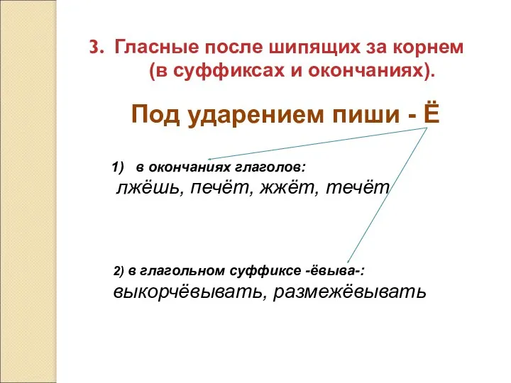 Гласные после шипящих за корнем (в суффиксах и окончаниях). Под