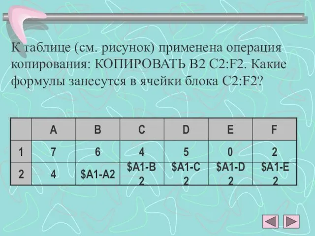 К таблице (см. рисунок) применена операция копирования: КОПИРОВАТЬ B2 C2:F2. Какие формулы занесутся