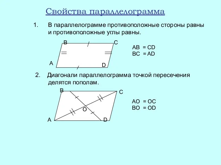 Свойства параллелограмма В параллелограмме противоположные стороны равны и противоположные углы
