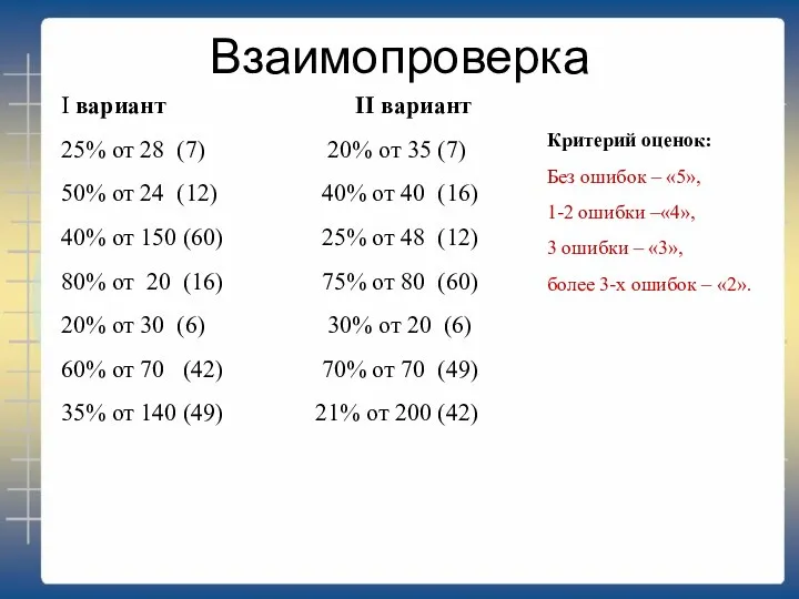 Взаимопроверка I вариант II вариант 25% от 28 (7) 20%