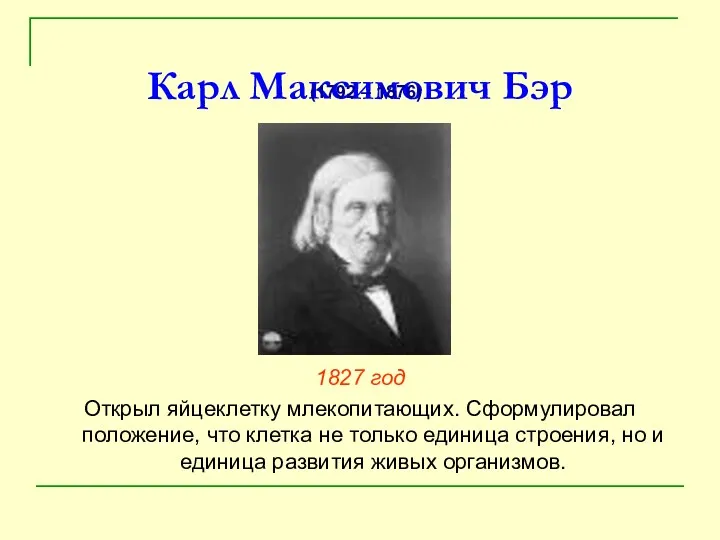 Карл Максимович Бэр 1827 год Открыл яйцеклетку млекопитающих. Сформулировал положение, что клетка не