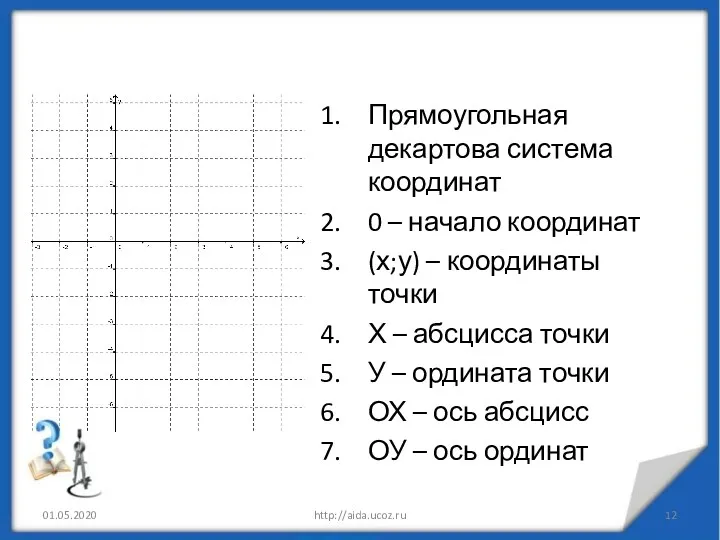 Прямоугольная декартова система координат 0 – начало координат (х;у) – координаты точки Х