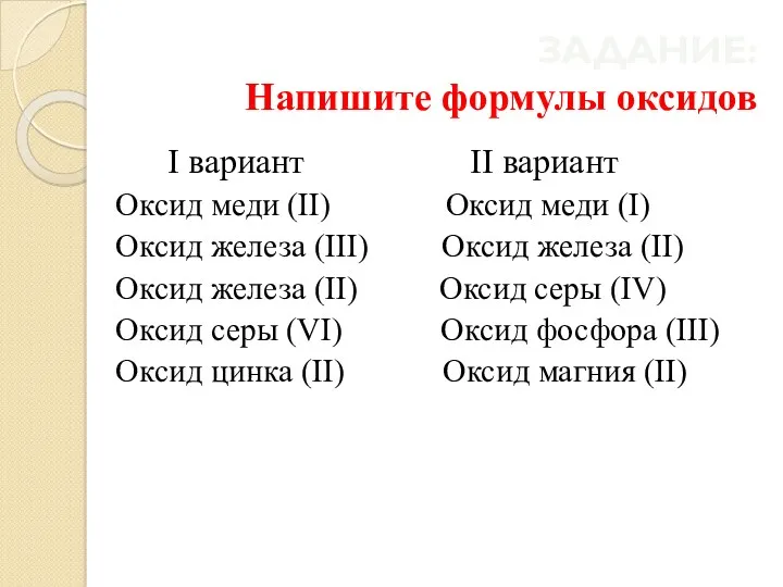 ЗАДАНИЕ: Напишите формулы оксидов I вариант II вариант Оксид меди