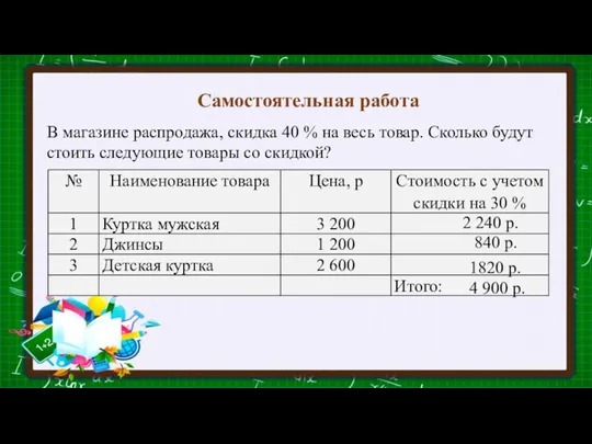 Самостоятельная работа В магазине распродажа, скидка 40 % на весь