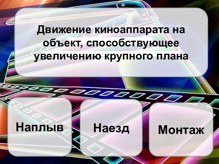 Движение киноаппарата на объект, способствующее увеличению крупного плана Наплыв Наезд Монтаж