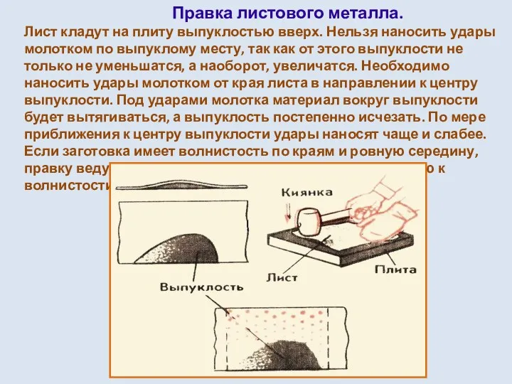 Правка листового металла. Лист кладут на плиту выпуклостью вверх. Нельзя